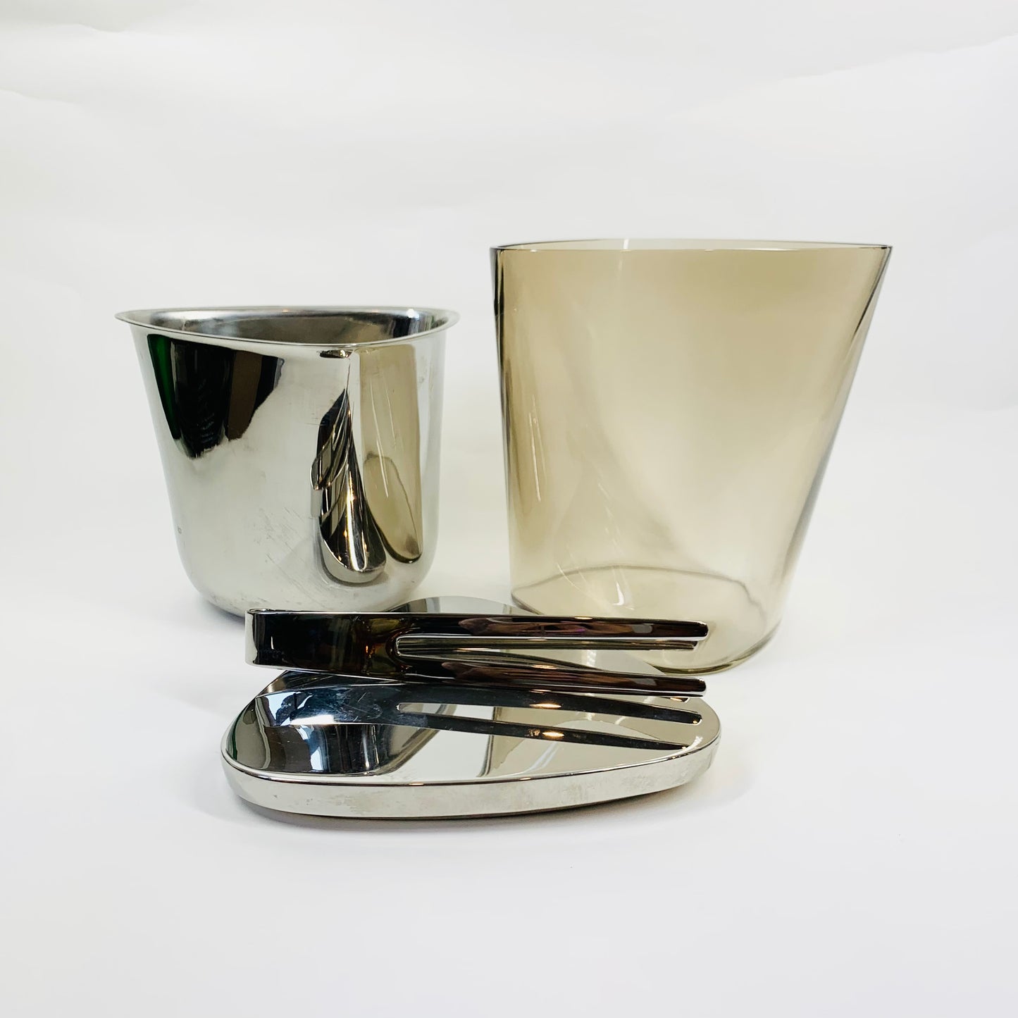 VINTAGE GEORG JENSEN SMOKY GLASS ICE BUCKET SET