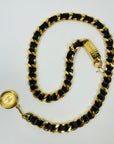 1980s CHANEL BLACK LEATHER GOLD PLATED LOGO BELT