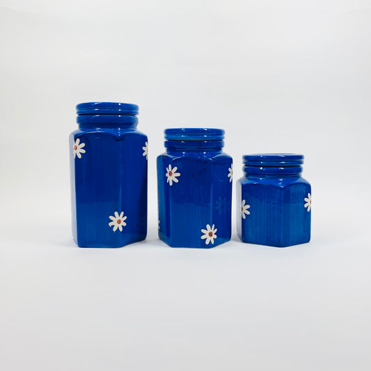 1970s HAND PAINTED COBALT BLUE PORCELAIN CANISTERS SET