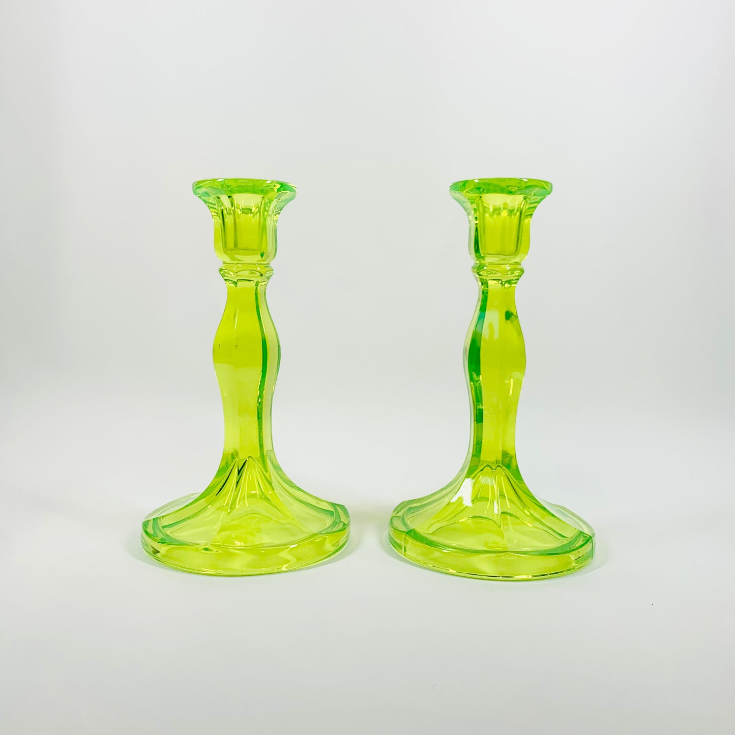 DEPRESSION URANIUM GLASS CANDLE STICKS