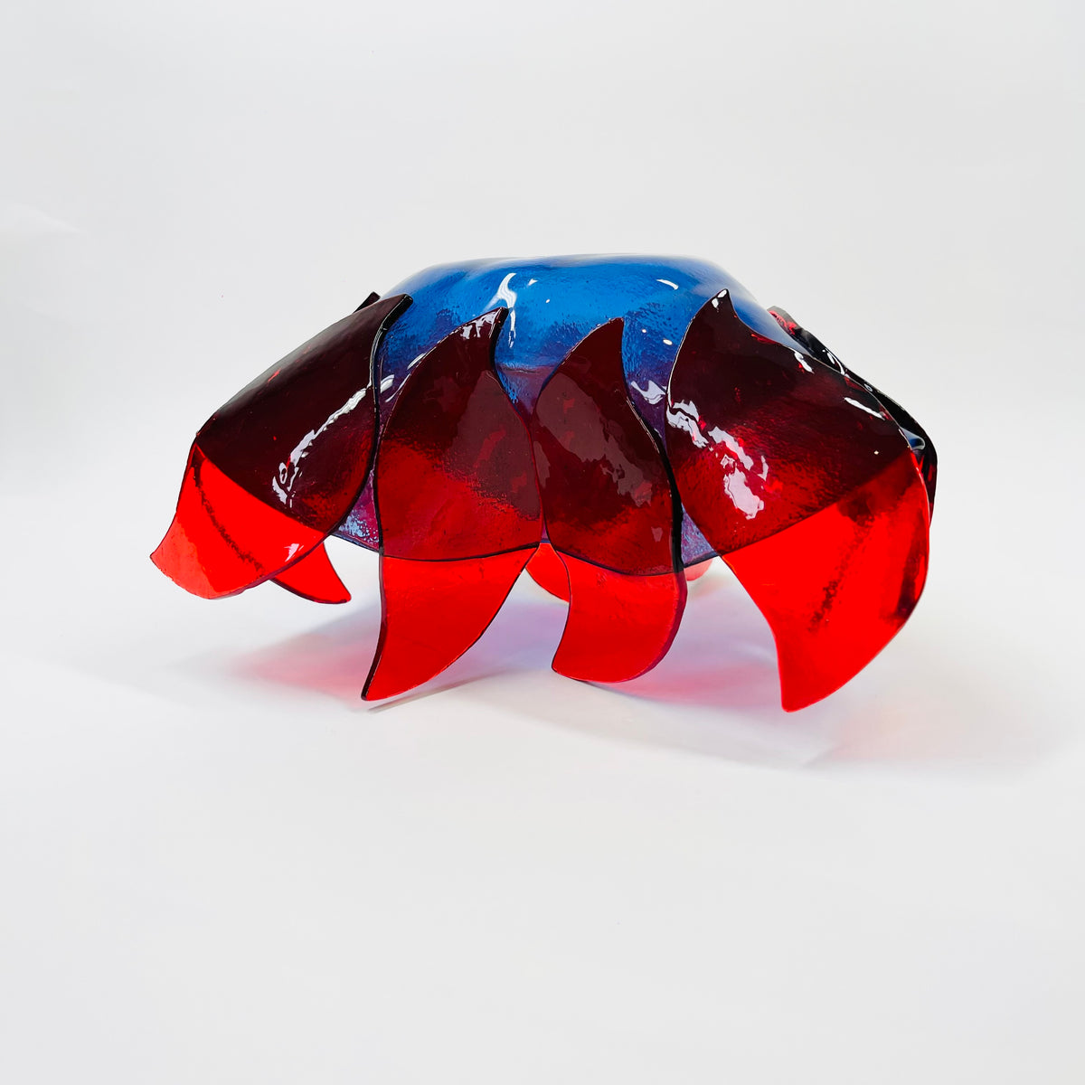 1980s HAND MADE RED COBALT BLUE FUSED GLASS HANDKERCHIEF BOWL