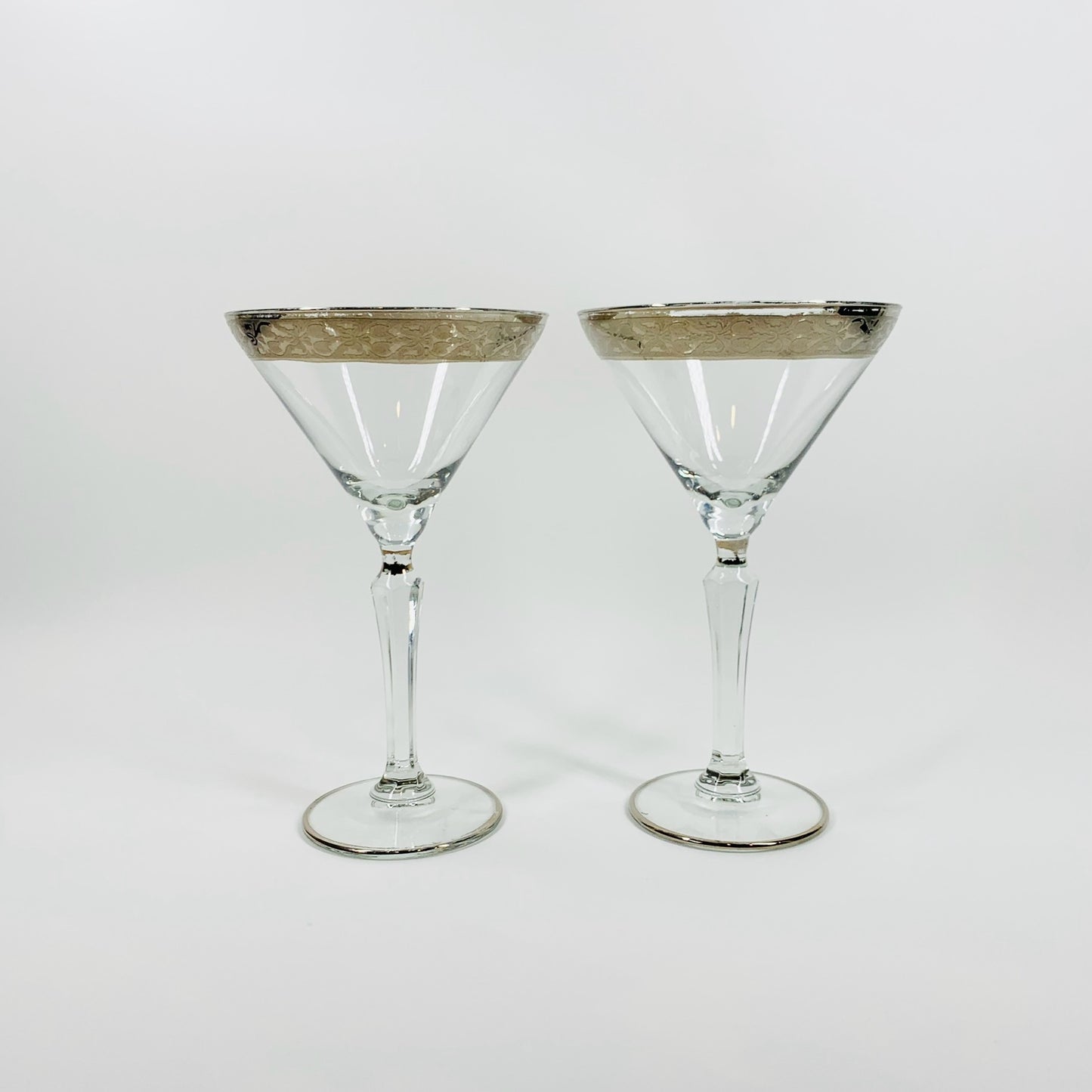 1950s ITALIAN ETCHED SILVER RIM MARTINI GLASSES