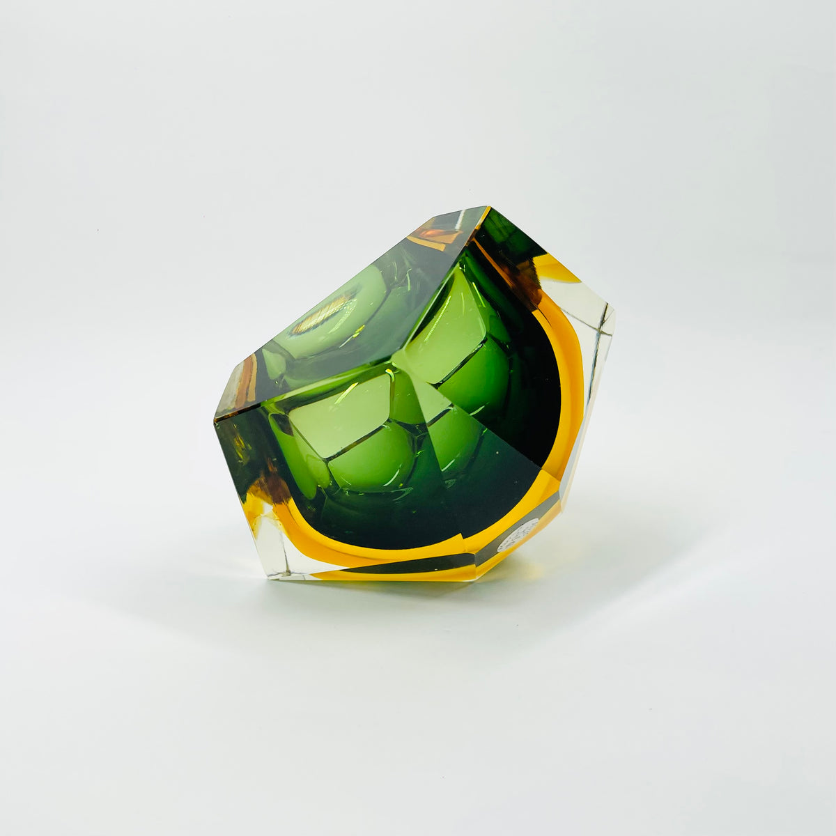 1940s GREEN GOLD AMBER MURANO MANDRUZZATO SOMMERSO FACETED GLASS BOWL/ASHTRAY