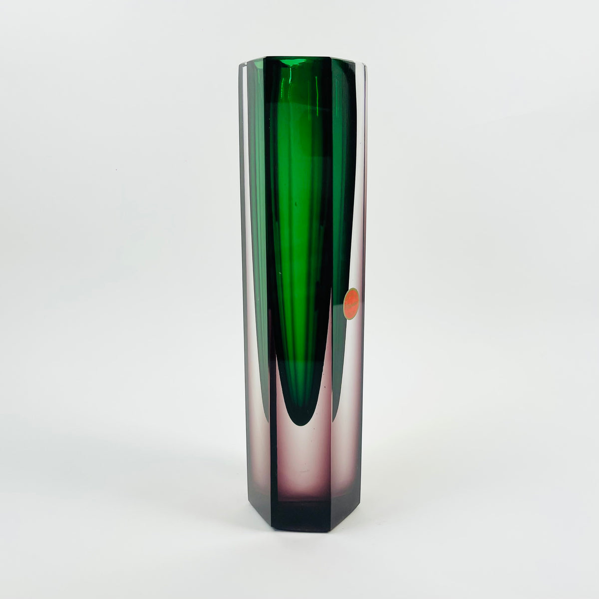 1950s PURPLE EMERALD GREEN MURANO SOMMERSO FACETED HEXAGON GLASS BLOCK VASE