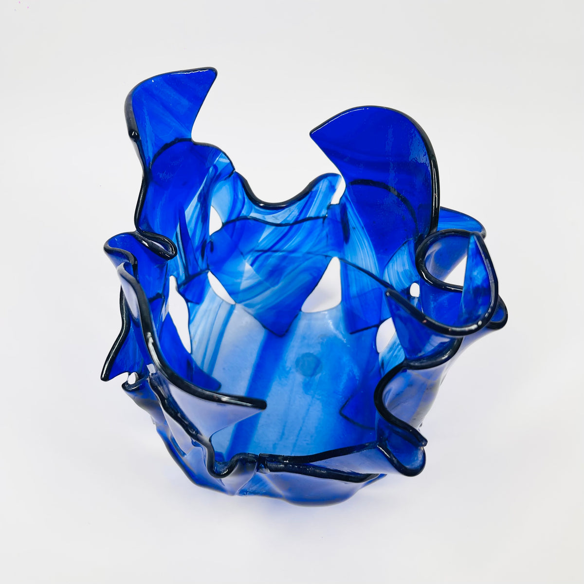 1980s HAND MADE COBALT BLUE FUSED GLASS HANDKERCHIEF BOWL/VASE