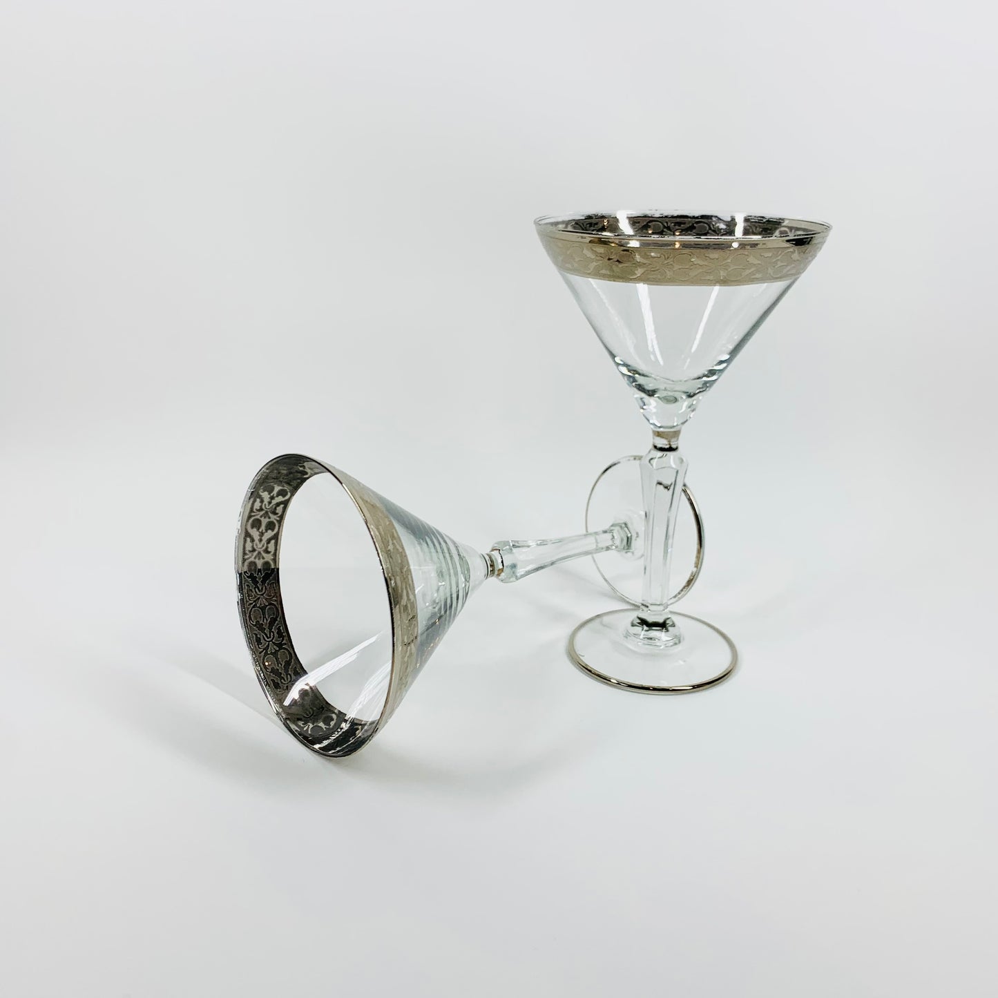 1950s ITALIAN ETCHED SILVER RIM MARTINI GLASSES