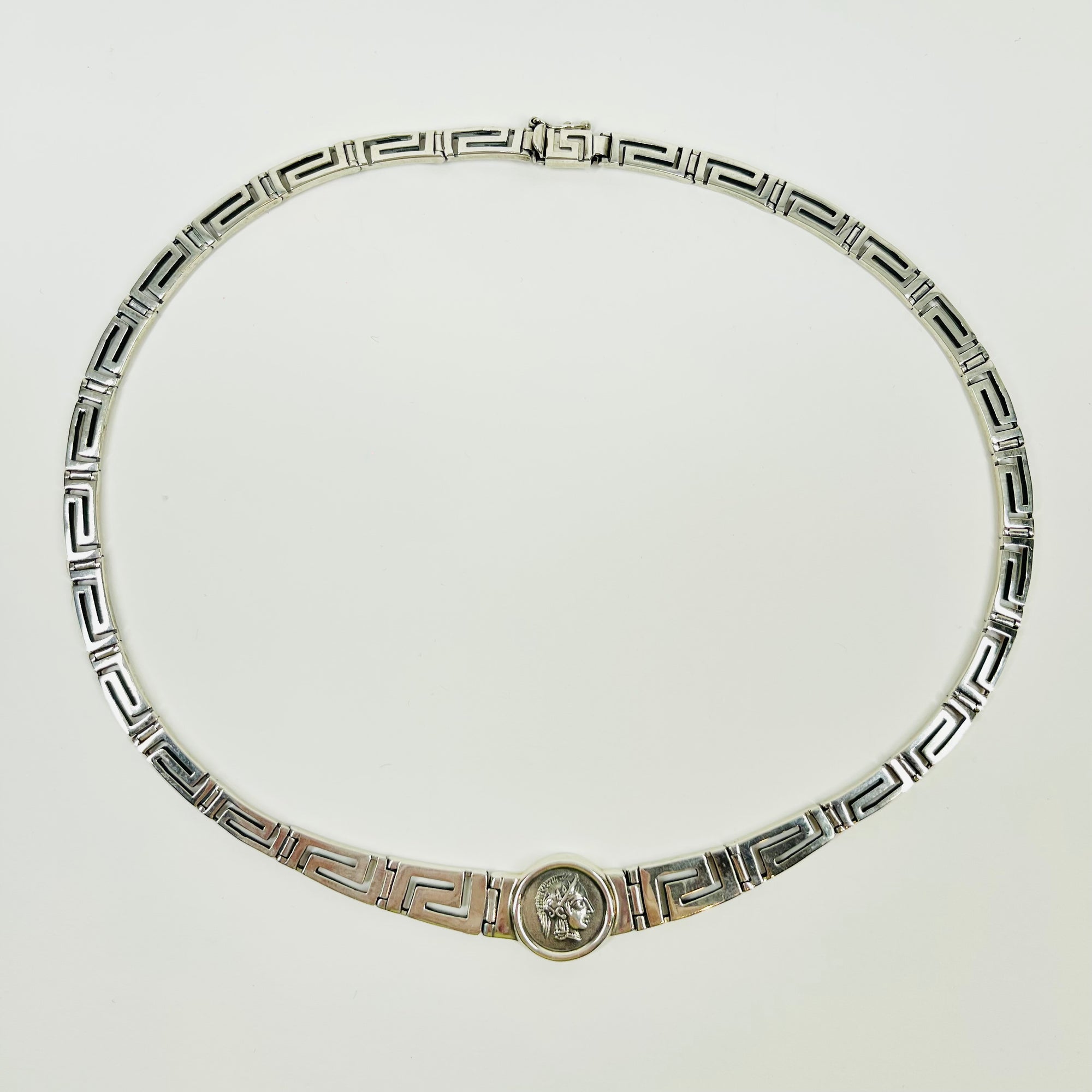 ANTIQUE STERLING SILVER GREEK KEYS ROMAN COIN NECKLACE
