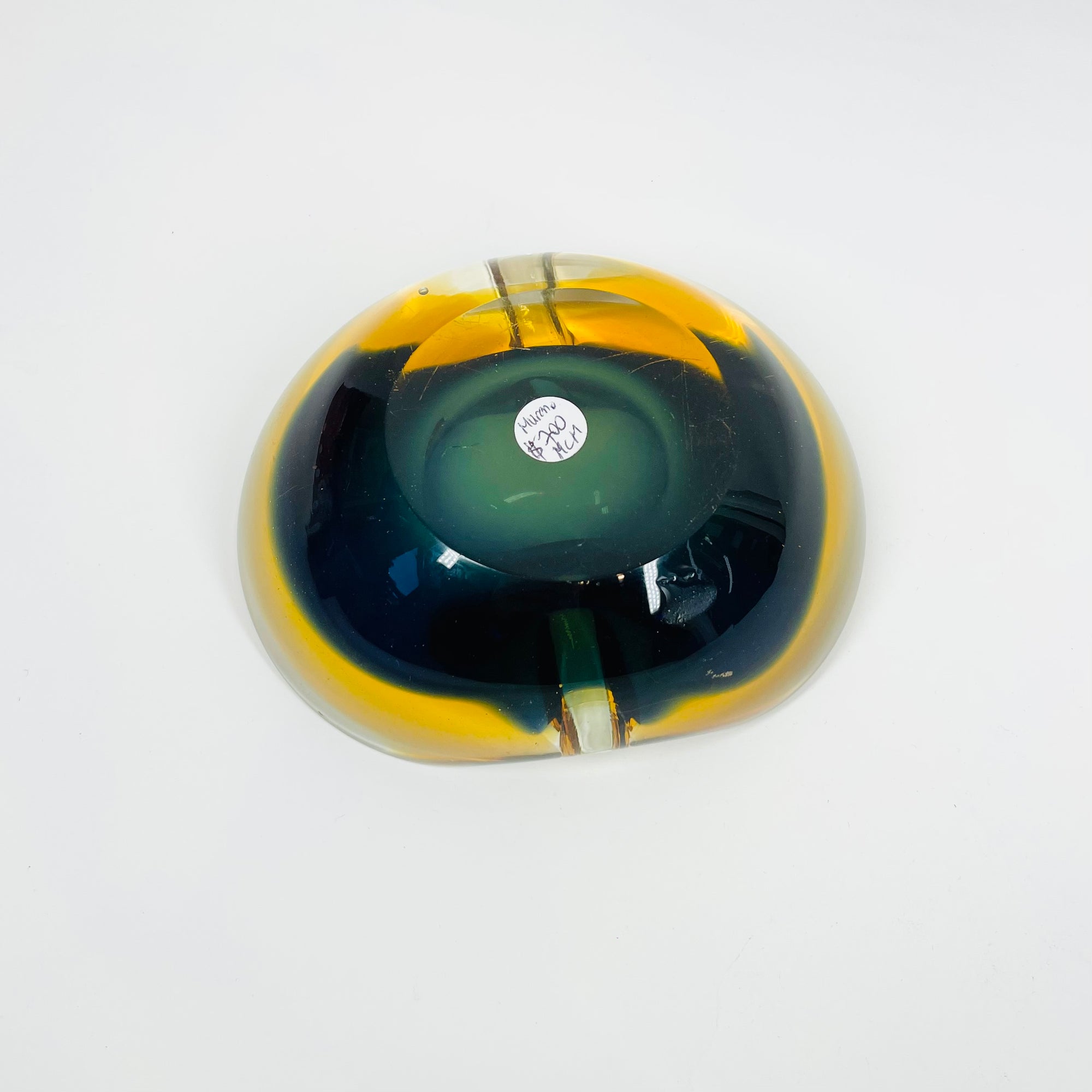 1950s COBALT BLUE TEAL AMBER MURANO SOMMERSO GLASS PINCHED BOWL/ASHTRAY