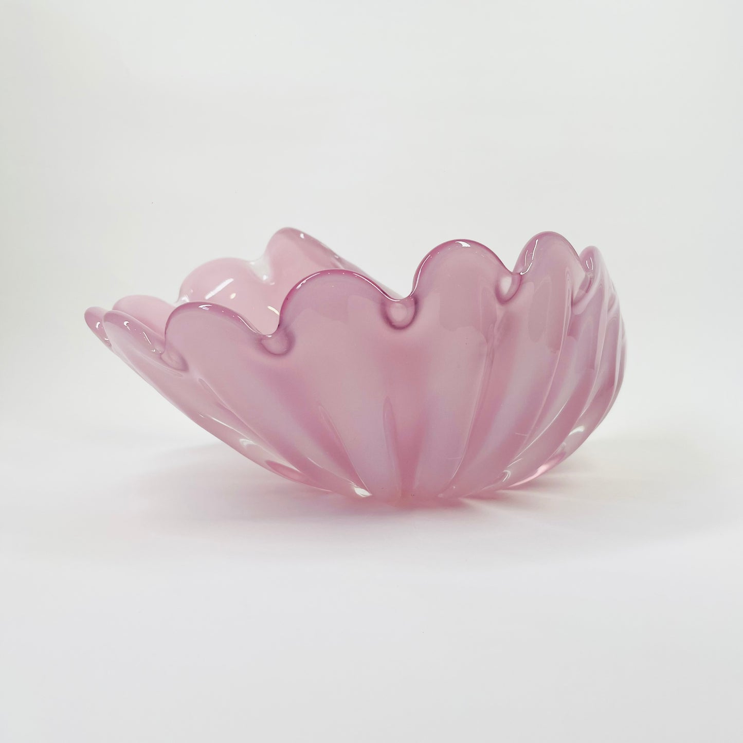 1950s PINK MURANO OPALINE GLASS SHELL BOWL WITH PEARL