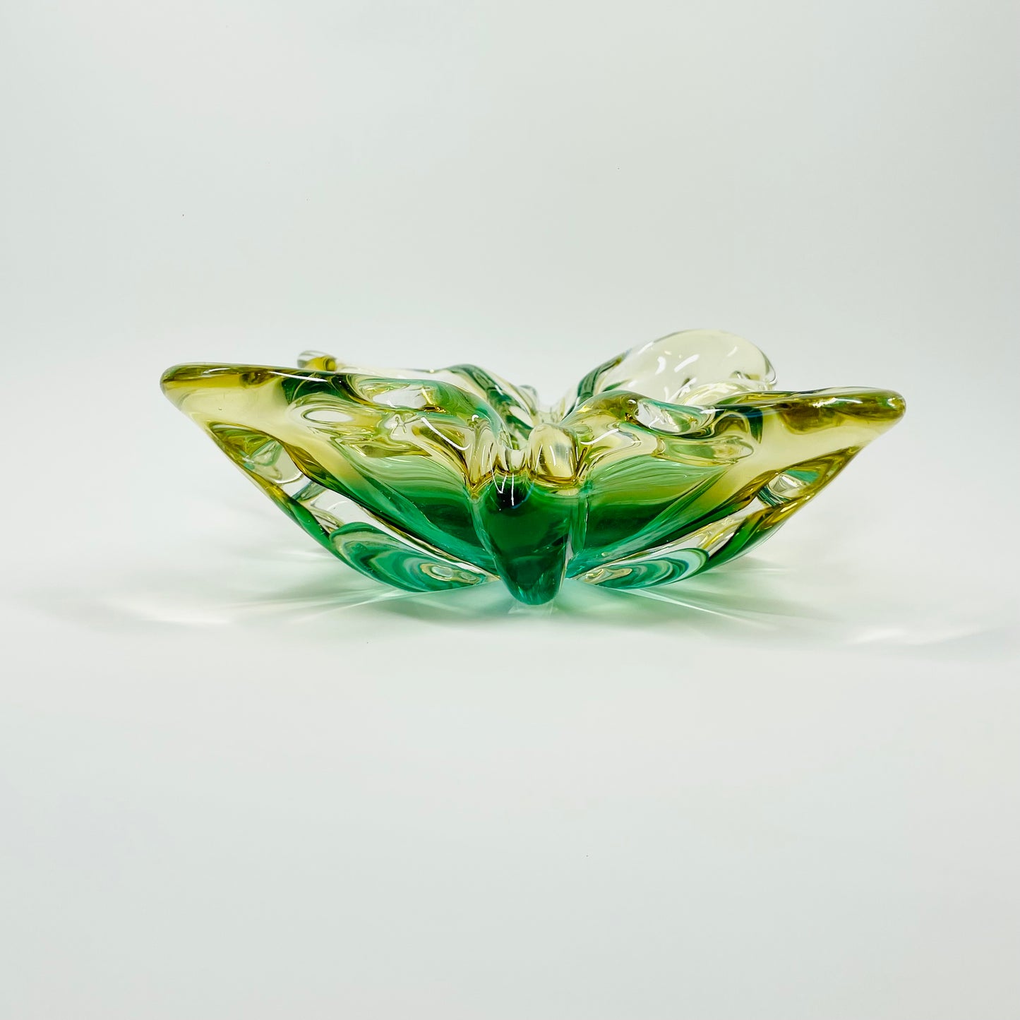 1970s JAPANESE HINERI GREEN YELLOW SOMMERSO GLASS ASHTRAY