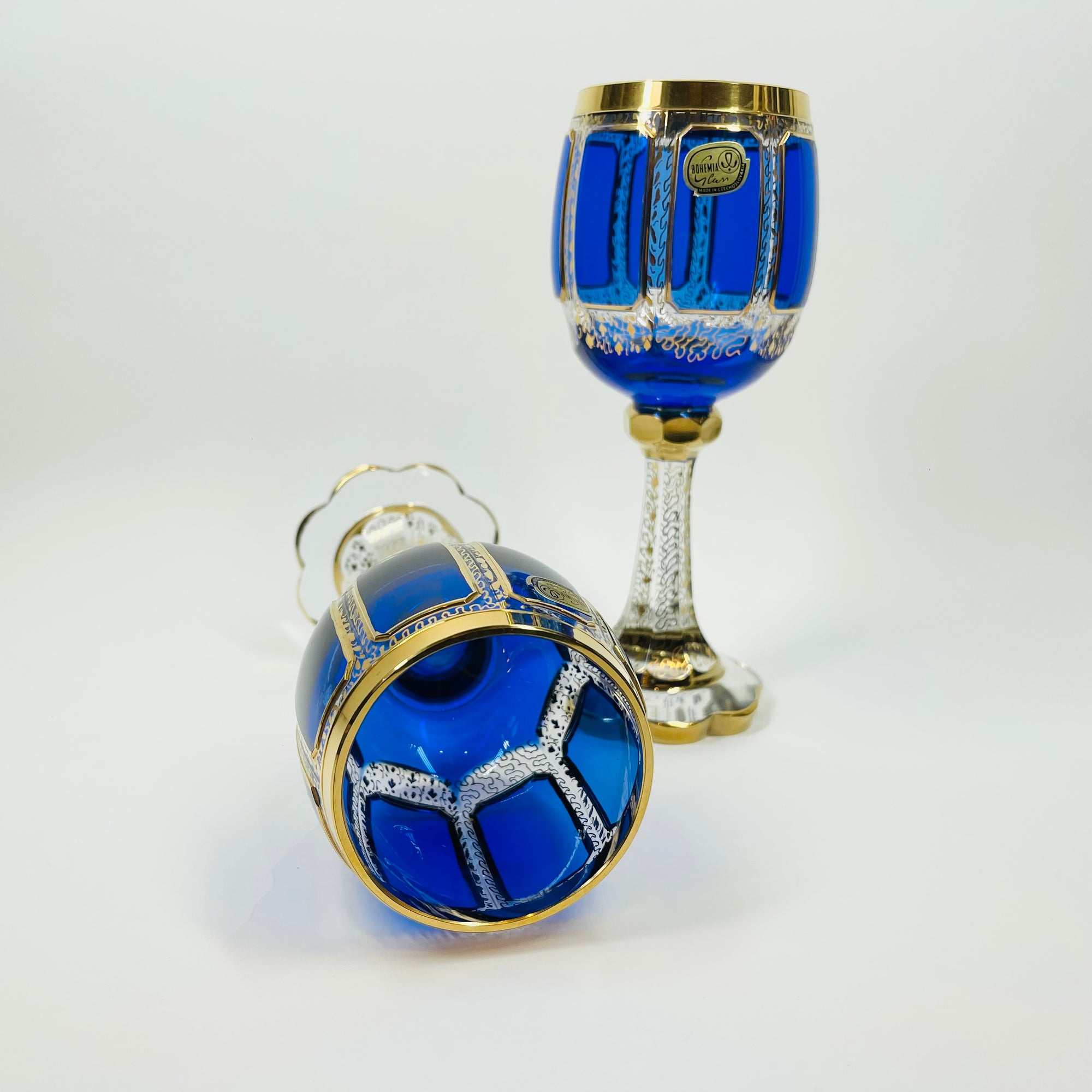 1930s MOSER GILT GOLD ENAMELED COBALT BLUE GLASS GOBLETS
