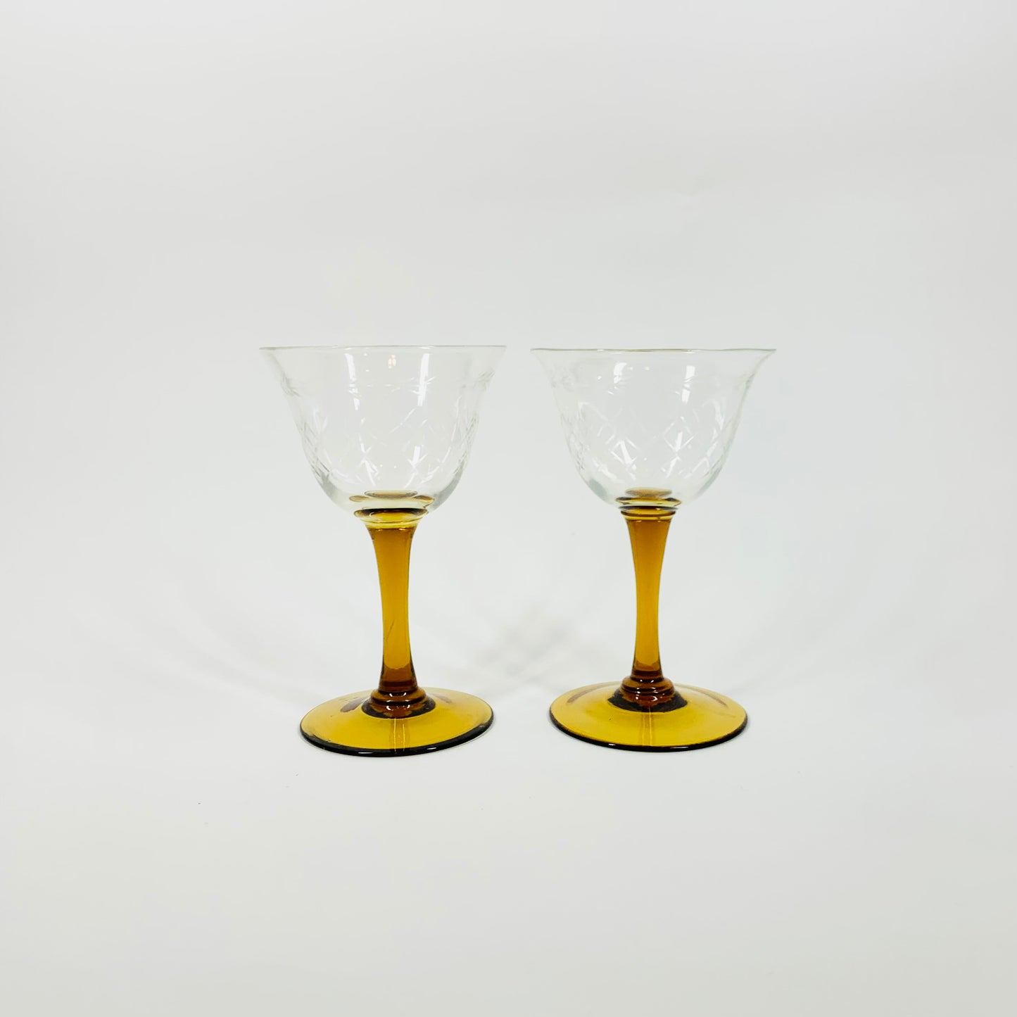 1940s AMBER STEM ETCHED COCKTAIL GLASSES