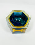 1950s COBALT BLUE TEAL GOLD MURANO MANDRUZZATO SOMMERSO FACETED GLASS HEXAGON BOWL