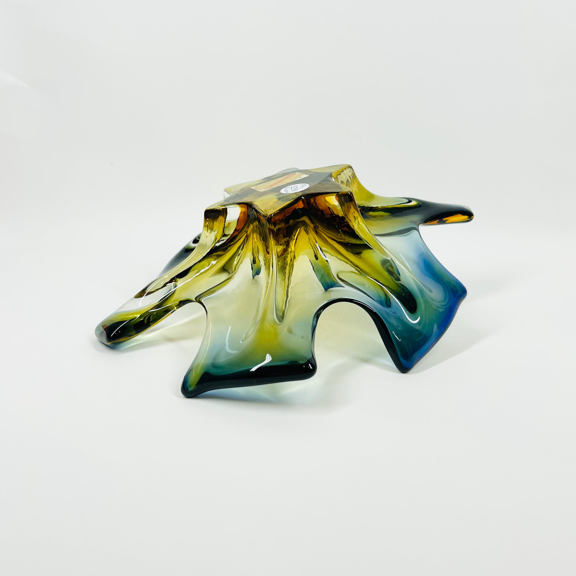 1950s MURANO AMBER BLUE OMBRE GLASS PINCHED LEAF BOWL/ASHTRAY