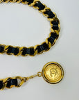 1980s CHANEL BLACK LEATHER GOLD PLATED LOGO BELT