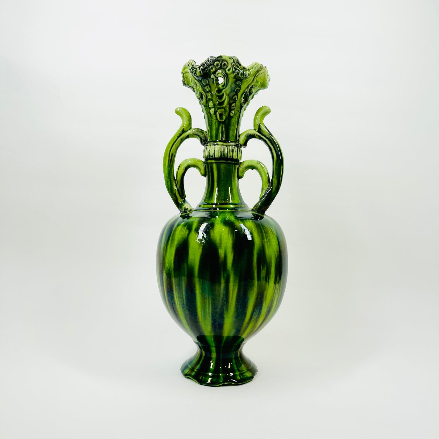 1950s JAPANESE GREEN WATERMELON GLAZED POTTERY VASE