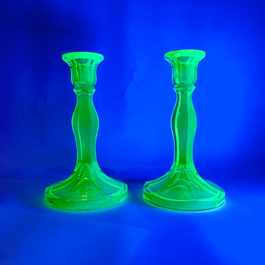 DEPRESSION URANIUM GLASS CANDLE STICKS