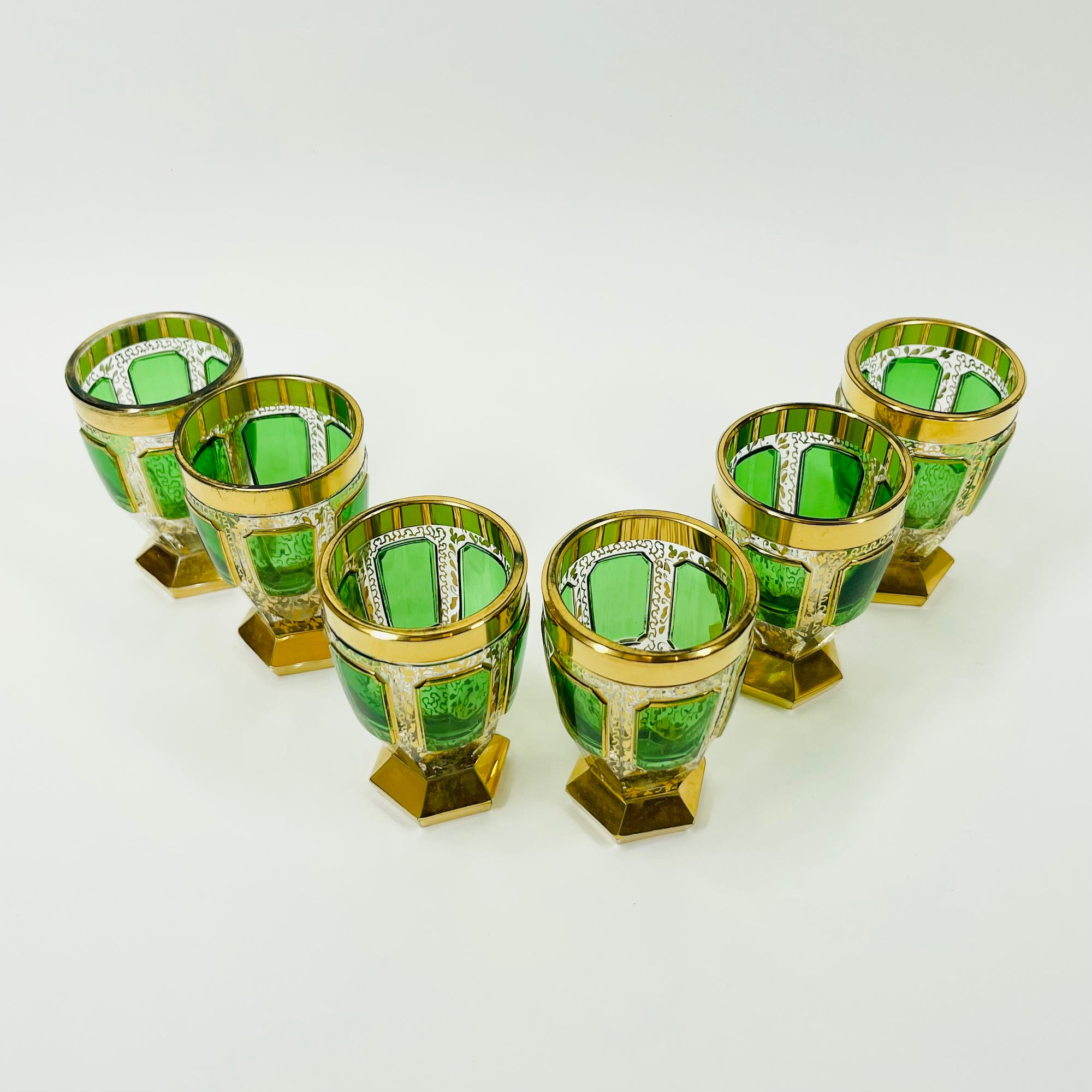 ANTIQUE ART DECO HAND CUT GOLD GILDED GREEN CRYSTAL DECANTER SET