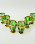ANTIQUE ART DECO HAND CUT GOLD GILDED GREEN CRYSTAL DECANTER SET