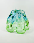 LARGE 1970s JAPANESE GREEN TURQUOISE BLUE SOMMERSO GLASS HANDKERCHIEF VASE/BOWLL