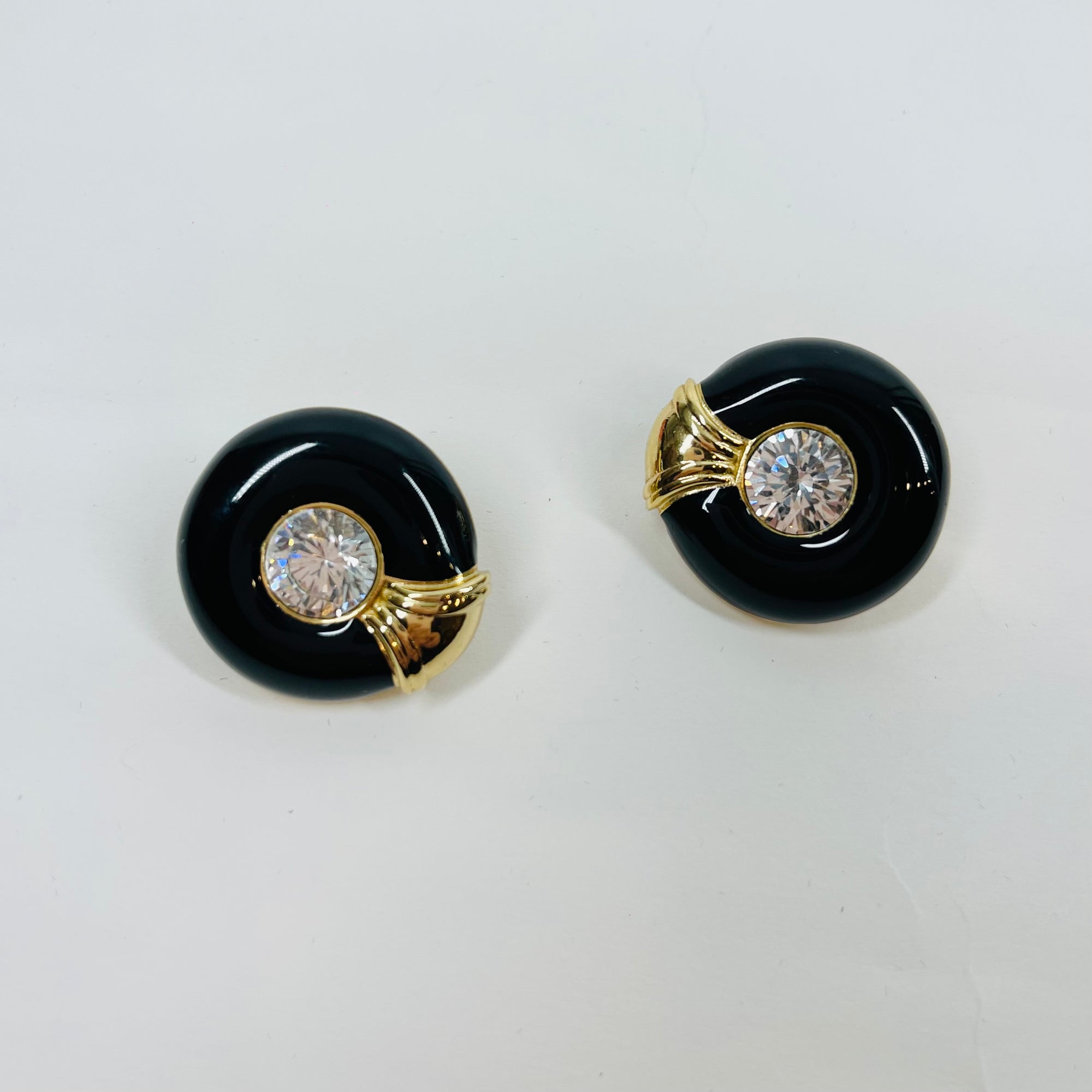 1980s CHRISTIAN DIOR BLACK ENAMEL DIAMANTÉ CLIP ON BUTTON EARRINGS
