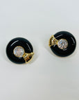 1980s CHRISTIAN DIOR BLACK ENAMEL DIAMANTÉ CLIP ON BUTTON EARRINGS