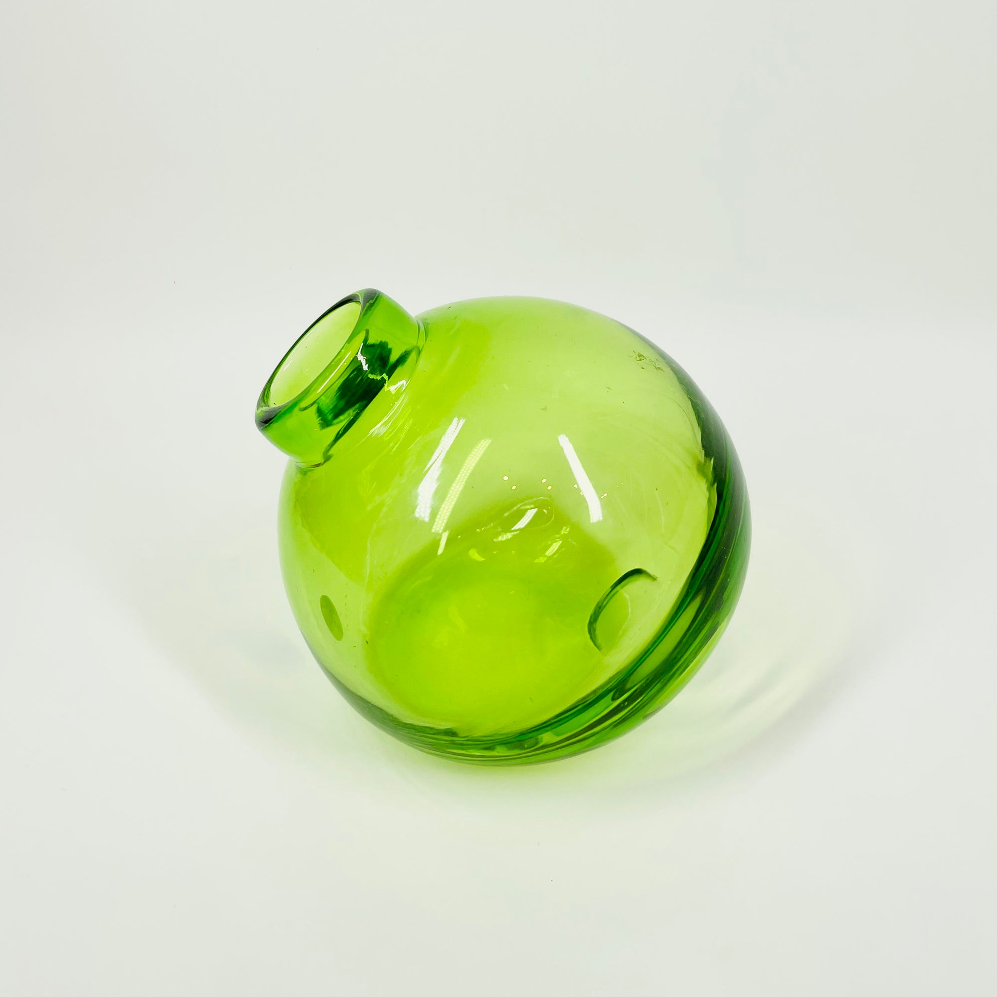 1980s HAND MADE GREEN GLASS POSY SLANT VASE