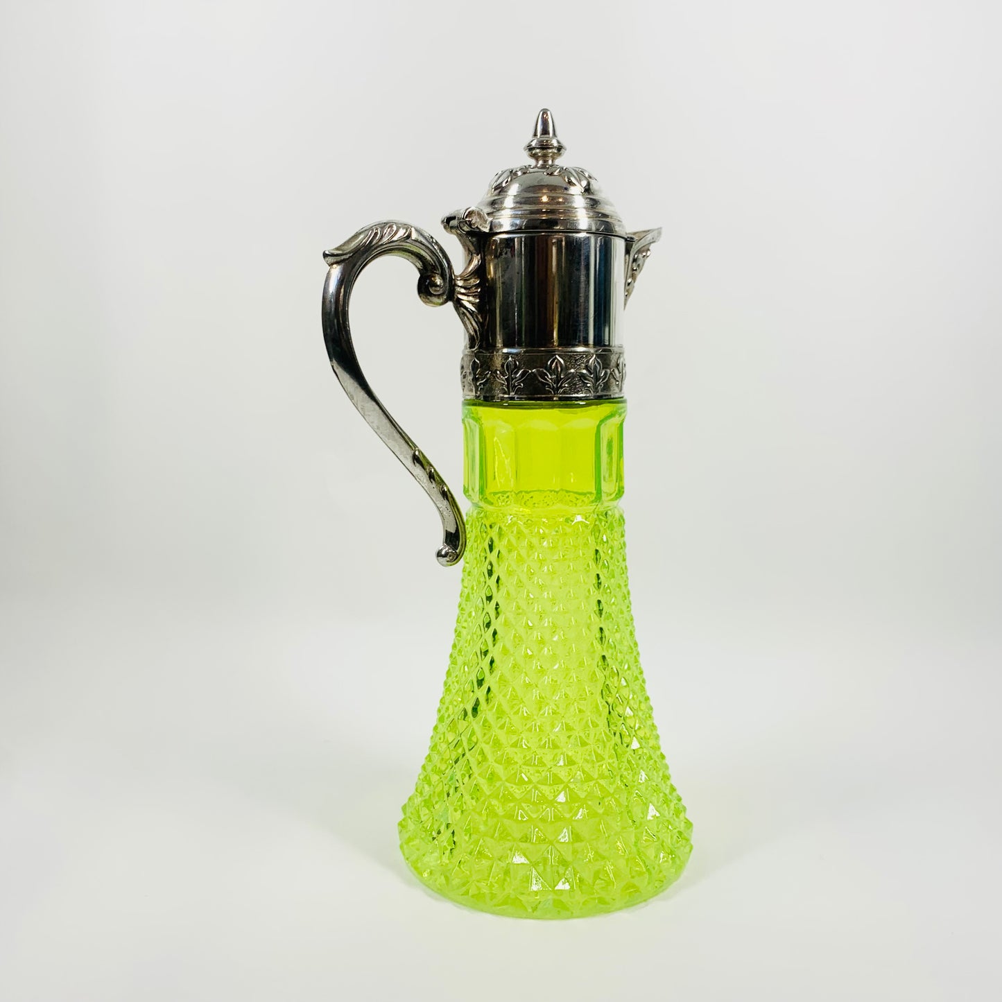 ANTIQUE URANIUM GLASS CLARET JUG WITH SILVER FITTINGS