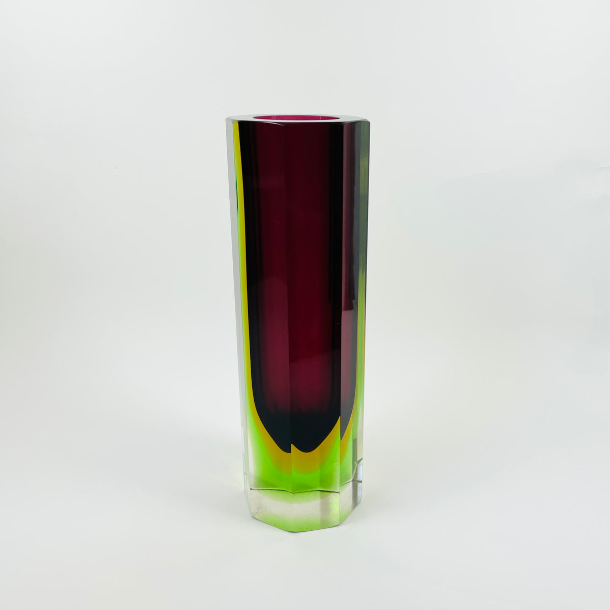 XL 1950s PINK PURPLE GREEN MURANO SOMMERSO FACETED GLASS BLOCK VASE
