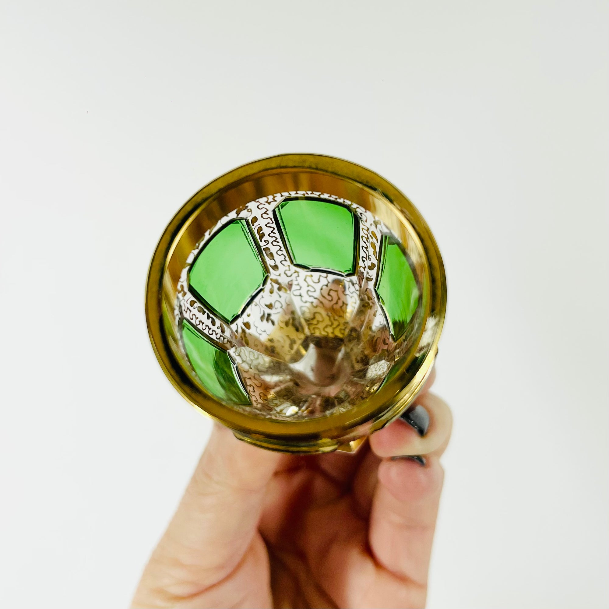 ANTIQUE ART DECO HAND CUT GOLD GILDED GREEN CRYSTAL DECANTER SET