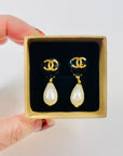 1996 CHANEL CC GOLD DROP PEARL CLIP ON EARRINGS WITH BLACK ENAMEL