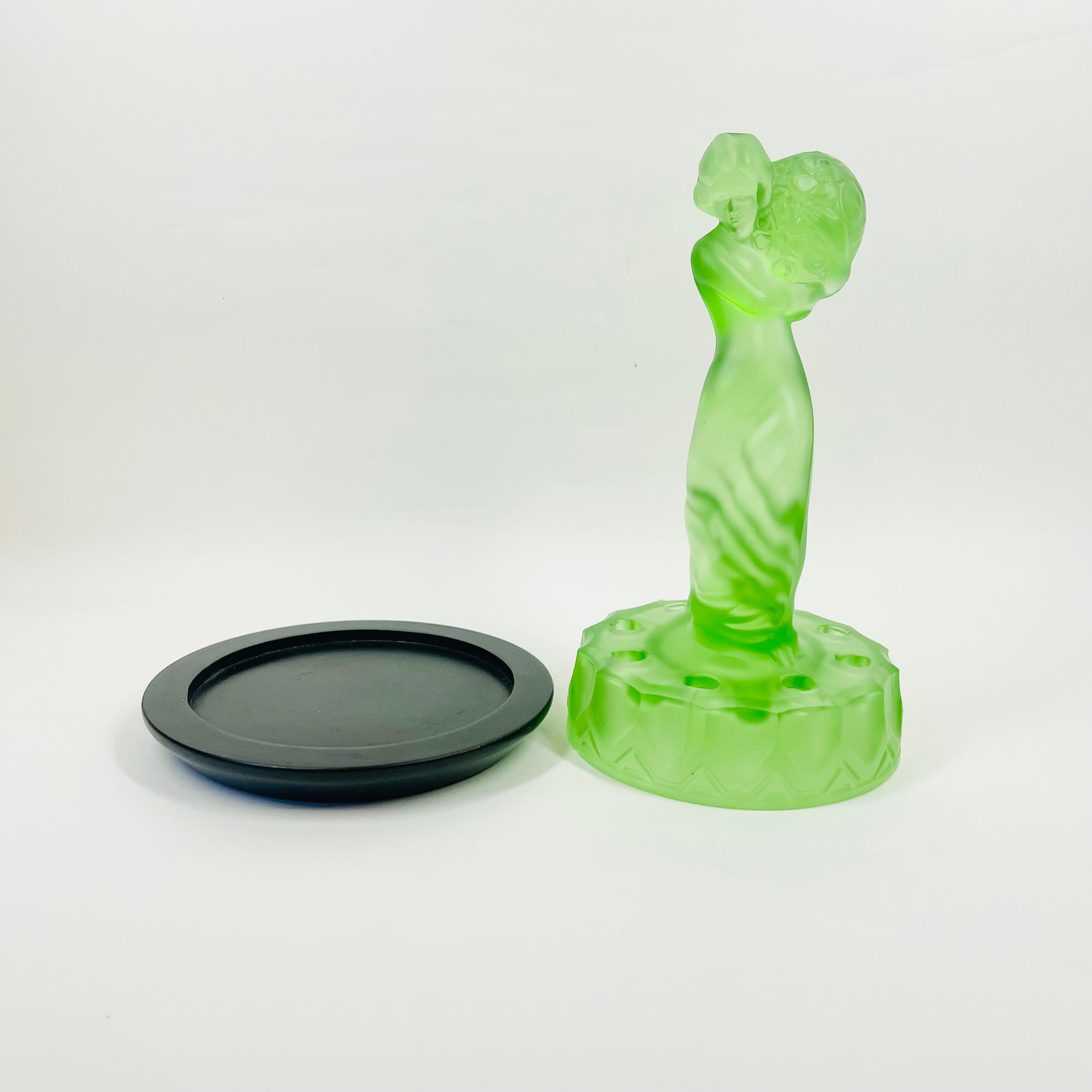 ANTIQUE ART DECO GREEN SATIN URANIUM GLASS LADY FLOWER FROG