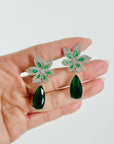 VINTAGE ART DECO STYLE GP COSTUME GREEN DIAMONTE FLOWER DROP PIERCED EARRINGS