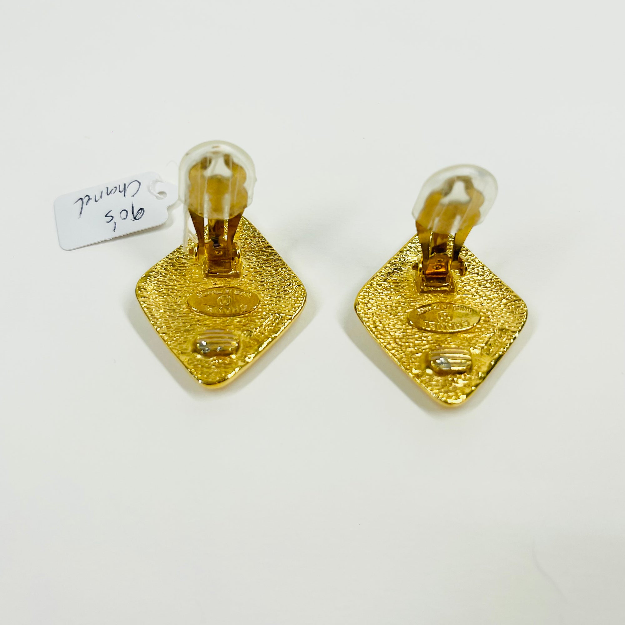 1980s CHANEL QUILTED GOLD TRAPEZOID LOGO CLIP ON EARRINGS