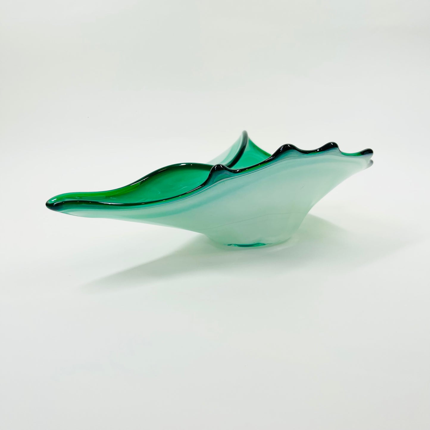 1950s MURANO FOLDED IRIDESCENT EMERALD GREEN SHELL BOWL