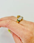 1950s 14K YELLOW GOLD DIAMOND EMERALD DOUBLE PANTHER HEADS RING WITH RUBY EYES