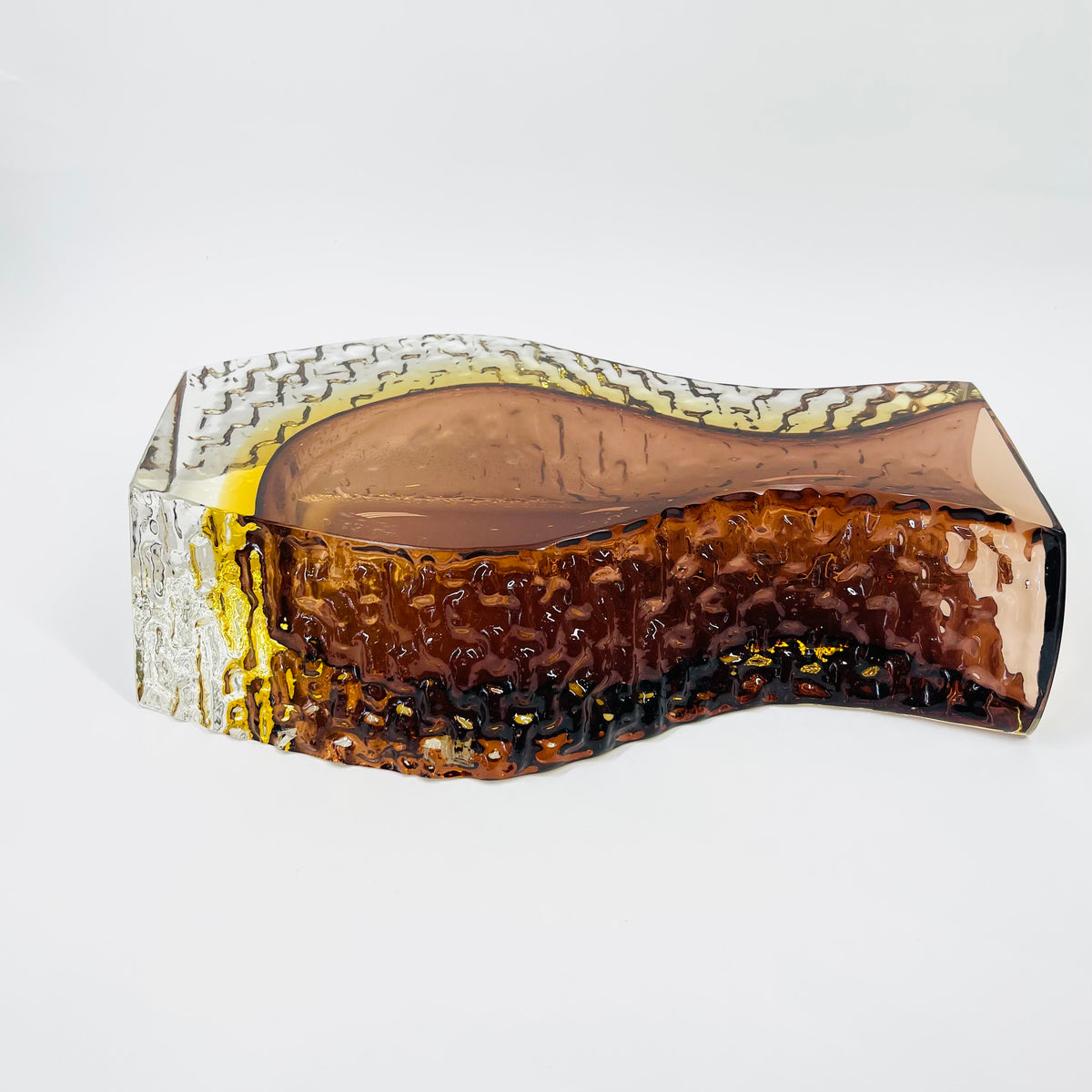XL 1960s BROWN PURPLE AMBER TEXTURED MURANO SOMMERSO FACETED GLASS BLOCK VASE