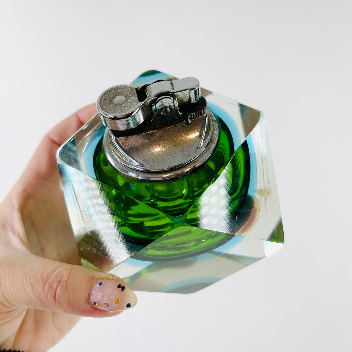 1940s GREEN BLUE MURANO SOMMERSO FACETED GLASS LIGHTER BOX