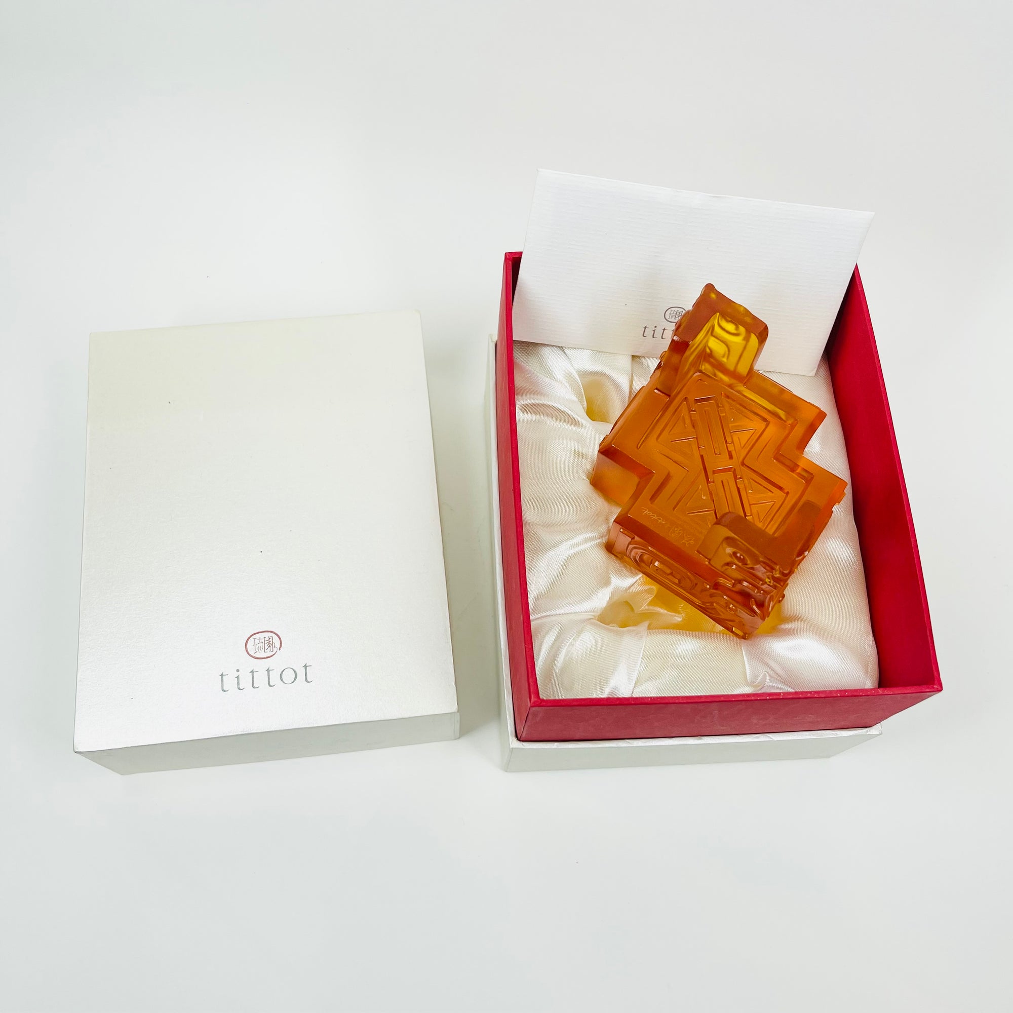 1980s CHINESE AMBER SATIN GLASS SCULPTURE BY TITTOT