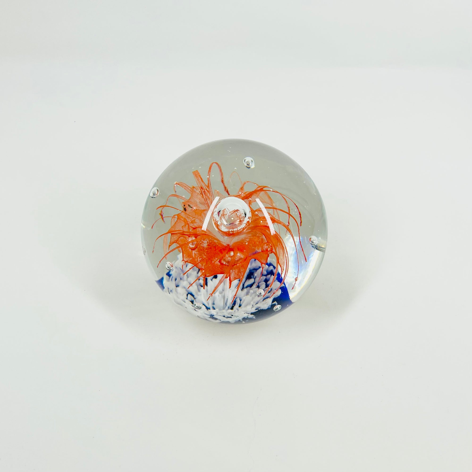1980s ORANGE BLUE ABSTRACT SPATTER ART GLASS PAPERWEIGHT