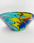 1987 HAND MADE HARLEQUIN CAMEO GREEN BLUE BASE SPATTER ART GLASS XL BOWL BY JOHN MACPHERSON