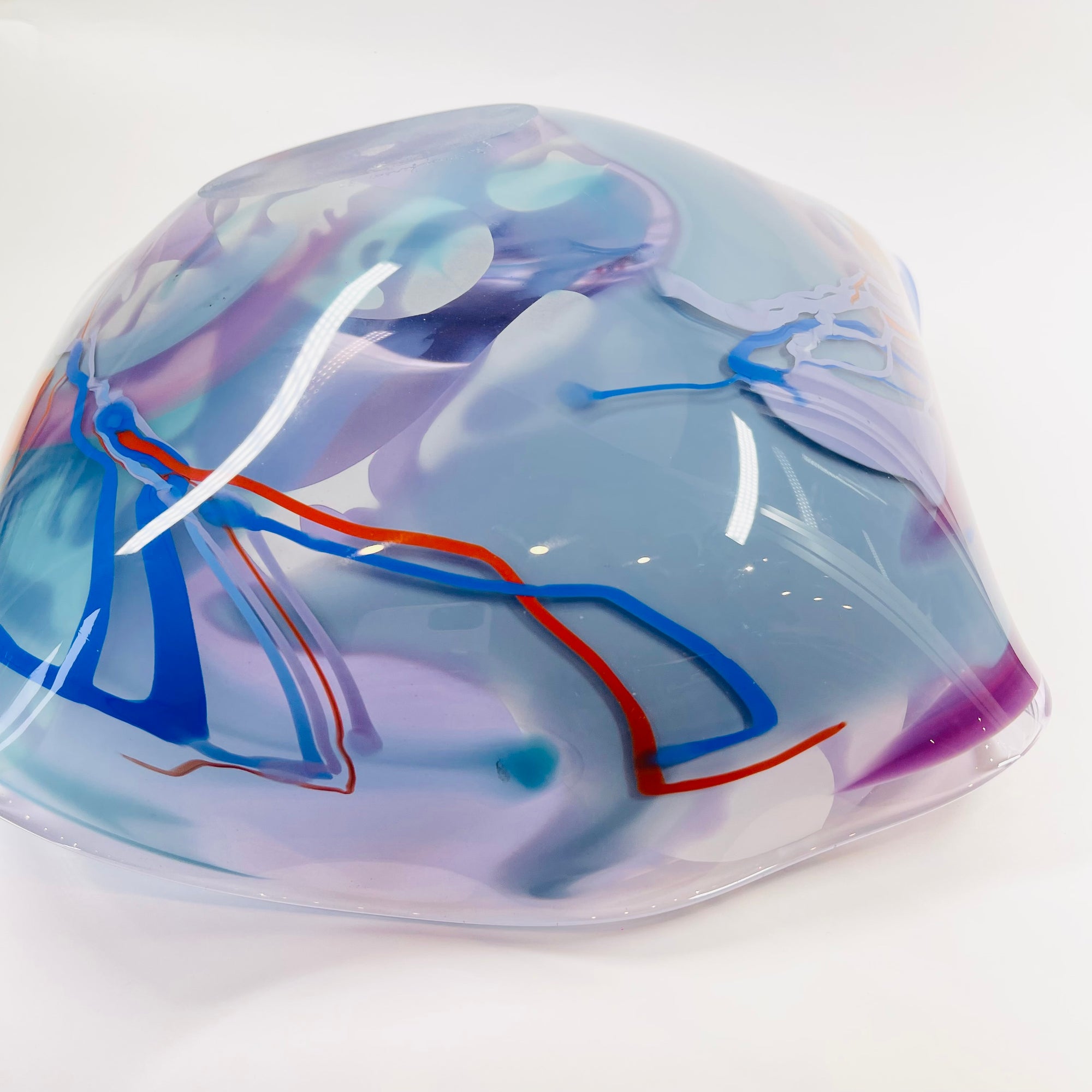 1980s HAND MADE HARLEQUIN CAMEO PURPLE BASE SPATTER ART GLASS XL BOWL BY JOHN MACPHERSON