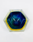 1950s COBALT BLUE TEAL GOLD MURANO MANDRUZZATO SOMMERSO FACETED GLASS HEXAGON BOWL