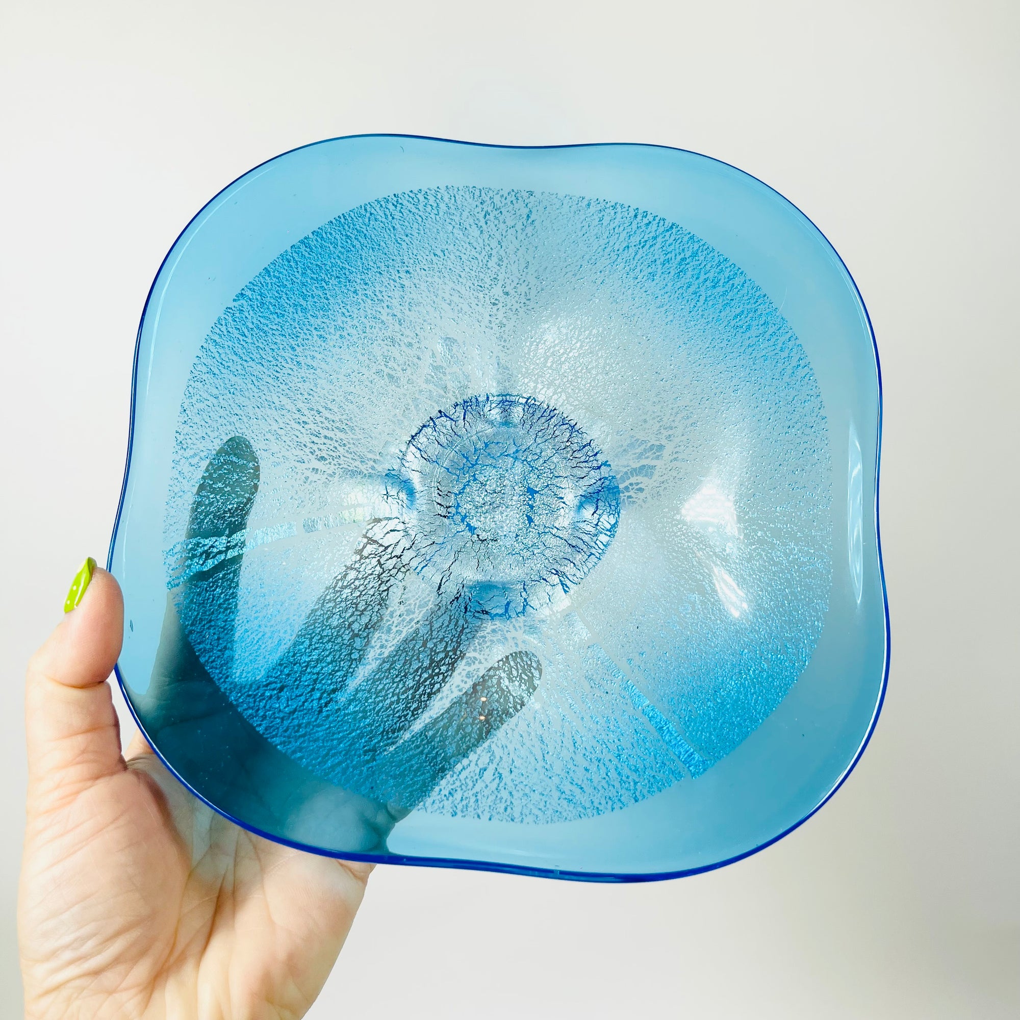 1980s HAND MADE JAPANESE TURQUOISE BLUE GLASS PLATE WITH SILVER &amp; GOLD AVENTURINE