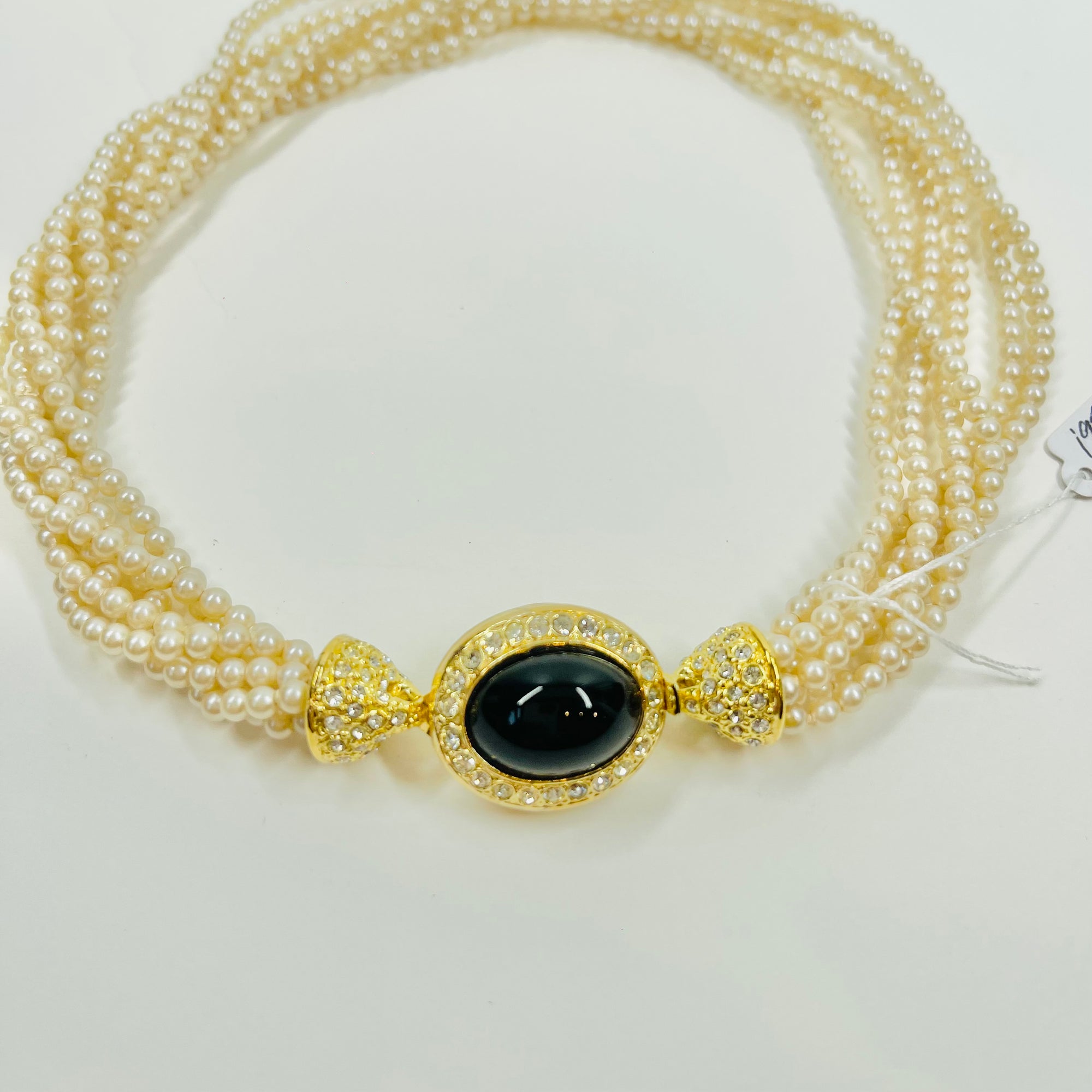1950s GROSSE GERMANY COSTUME BRAIDED PEARL NECKLACE BLACK ENAMEL CLASP