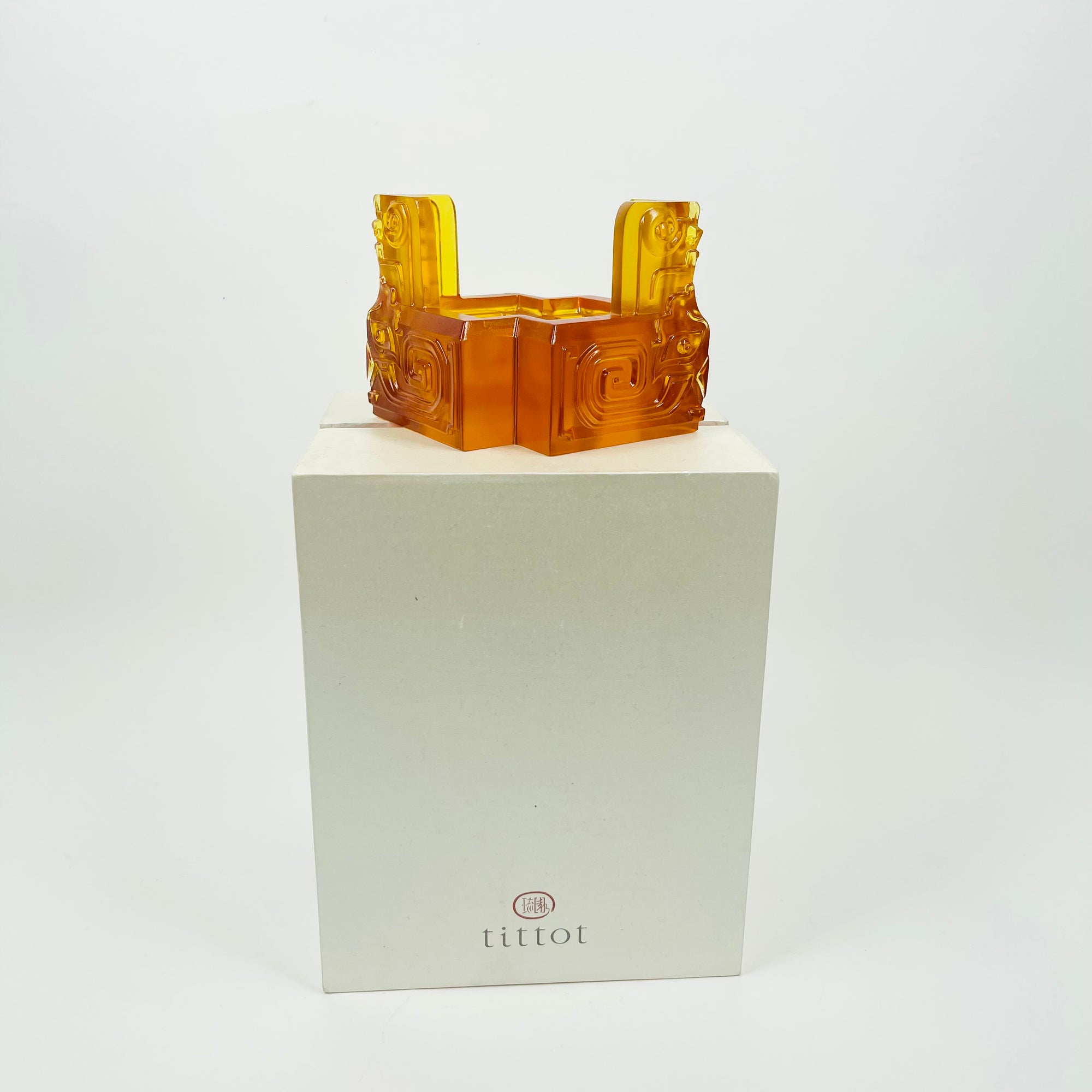 1980s CHINESE AMBER SATIN GLASS SCULPTURE BY TITTOT