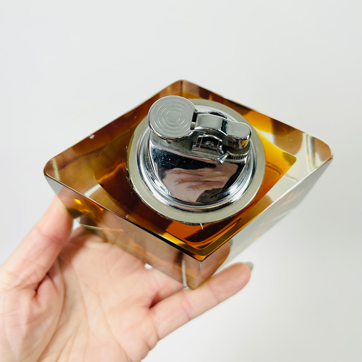 1940s GREEN GOLD AMBER MURANO MANDRUZZATO SOMMERSO FACETED GLASS LIGHTER BOX