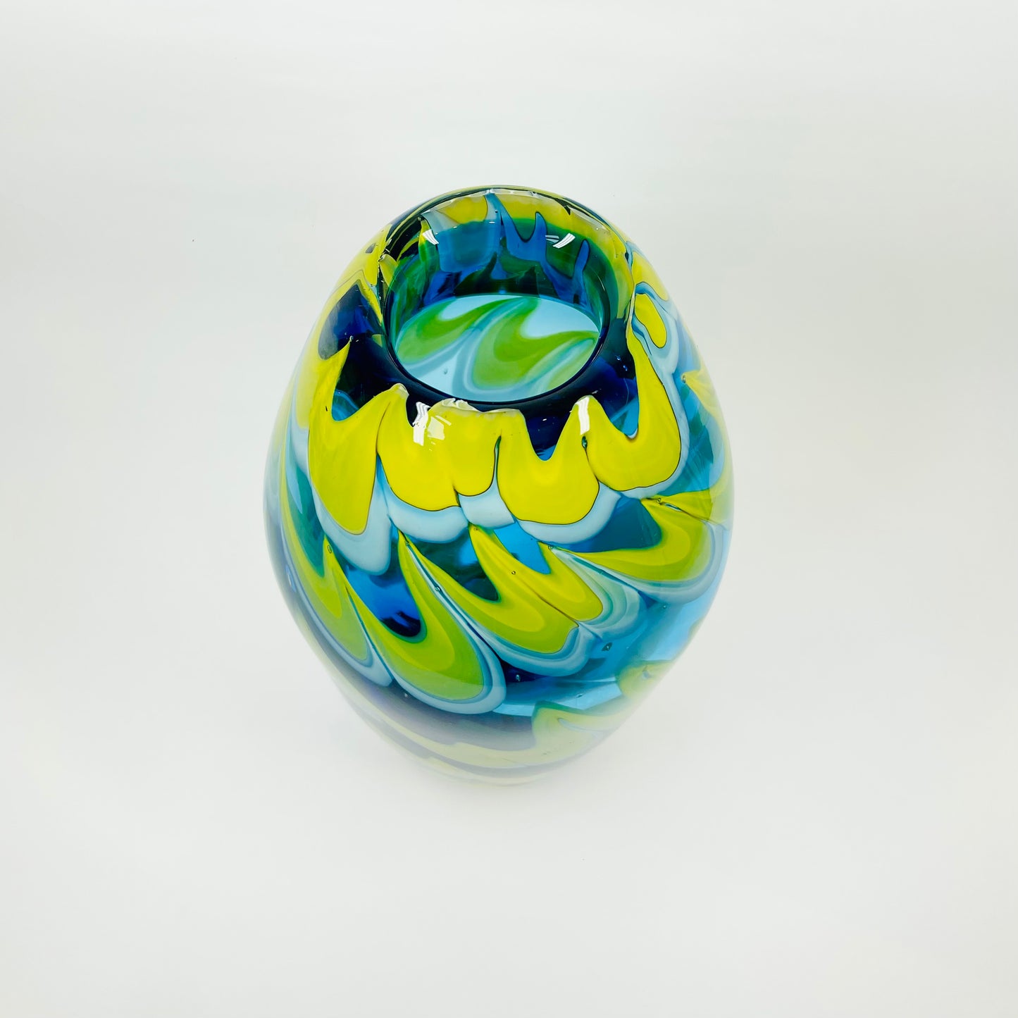 1980s MURANO BLUE YELLOW SWIRLS GLASS VASE