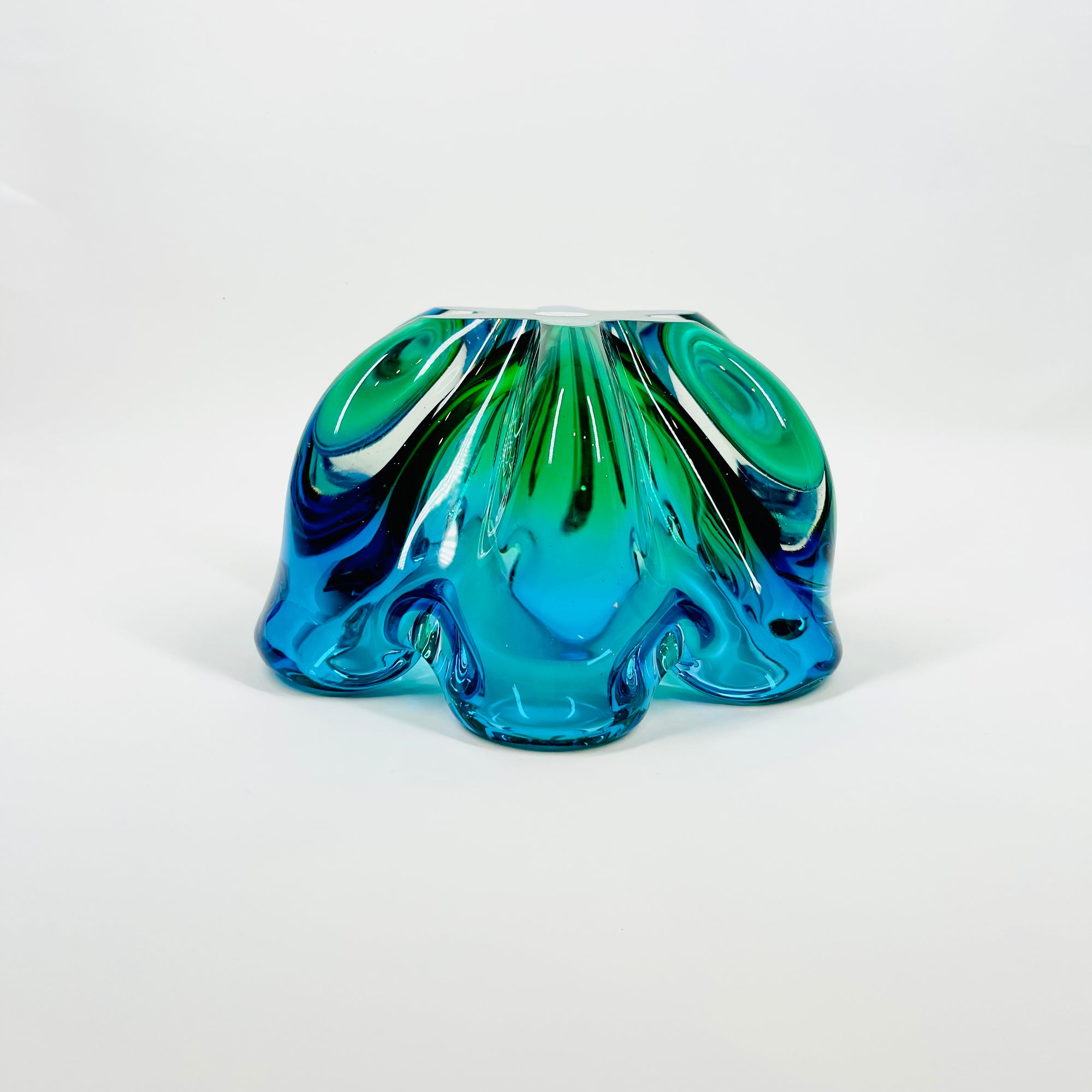 1970s JAPANESE HINERI GREEN BLUE HARLEQUIN SOMMERSO GLASS BOWL/ASHTRAY