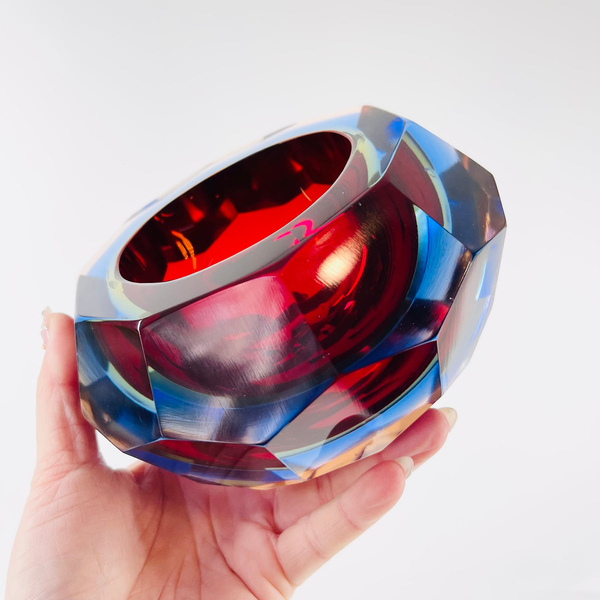 1950s MURANO MANDRUZZATO HARLEQUIN SOMMERSO DIAMOND FACETED GLASS BOWL